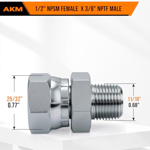 Image of Straight Hydraulic Hose Adapter Fittings, 1404-08-06 1 /2 inch-14 NPT Male Pipe x 3 /8 inch-18 NPSM Female Pipe Swivel Connectors x 5 pack