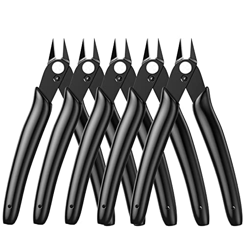 BOENFU Precision Wire Cutter Jewelry Zip Tie Cutters 5-Pack Flush Cutters Nippers Small Side Cutting Pliers for 3d Print, Plastic Models, Jewelry, Electronics, Black, 5 Inches
