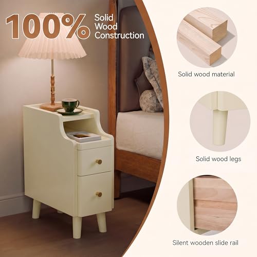 Image of Nightstand, Pre-Assembled, 19.7 inchH Solid Wood Narrow Night Stand with 2 Drawers, Open Sliding Shelf, Mid Century Modern Small Bedside Table for Bedroom, Cream 8 inch