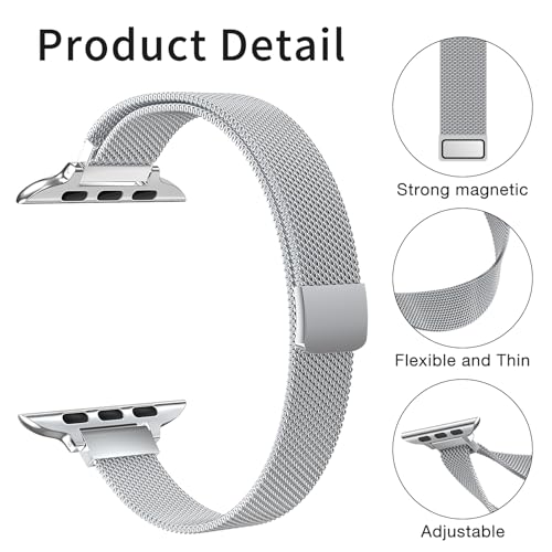 Image of Compatible with Apple Watch Band, Stainless Steel Slim & Thin Mesh Magnetic Clasp Strap Women and Girl Replacement Band for iWatch Series SE 6 5 4 3 2 1 (38mm /40mm /41mm, Silver)