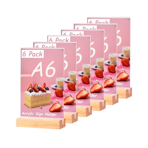 JIDHUHI A6 メニュースタンド サインホルダー 6個セット 透明アクリル製 ブナ材木制土台付き POP広告 看板 カード立て 飲食店 店舗用 展示スタンド (四角い台座)