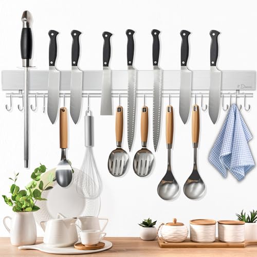 Dmore Barra magnética para cuchillos con 15 ganchos, 59 cm, soporte magnético de acero inoxidable, soporte magnético para cuchillos con imán extrafuerte, incluye cinta adhesiva y tornillos