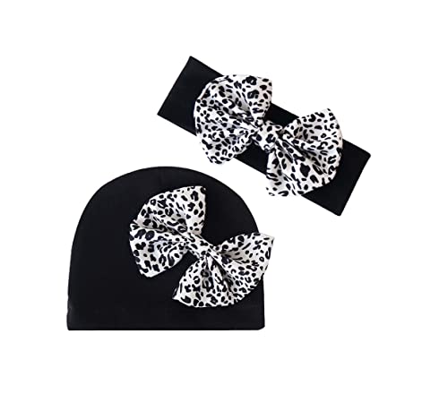 LDDCX Leopard Print Newborn Girls Hats Baby Bow Hats Bows Headband.(FD39) (Black)