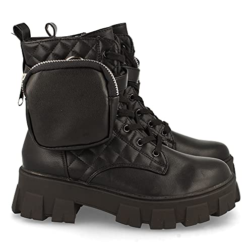 shoes&blues.es 61607-Botin de Plataforma para Mujer, con Suela Dentada, Bolsillo con Cremallera, Acolchado, y Cierre de Cordones, Otono Invierno 2021. Talla 39 Negro