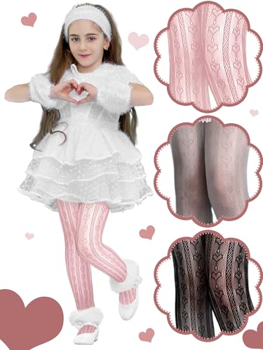3 Pairs Girls Lace Tights Fishnet Stocking Striped with Heart Patterns Stocking Stretchy Kids Summer3