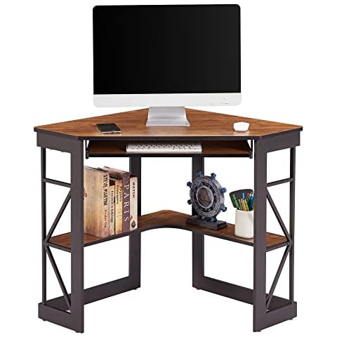 VECELO Corner Desk Computer Desk Writing Table with Smooth Keyboard Tray & Storage Shelves,Compact Home Office Triangle Table,Teak Brown Cover