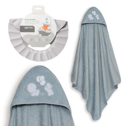 Interbaby - Capa de Baño Bebé + Gorro Ajustable | Toalla con Capucha 100% Algodón Unisex | Suave, Secado Rápido | Ideal para Recién Nacidos, Bebes y Niños Pequeños | Diseño Oso Elefante Globos