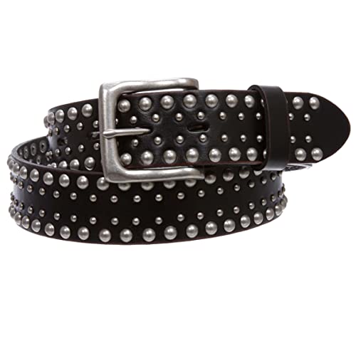 1 1/2" Snap On Antique Silver Circle Metal Studded Distressed Leather Belt, Black | 38" #TOP2