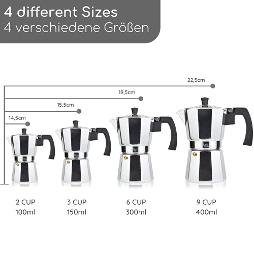 Milu Espressokocher (No Induktion) | 2, 3, 6, 9 Tassen | Aluminium Mokkakanne, Espressokanne, Espresso Maker Set inkl… – Bild 7
