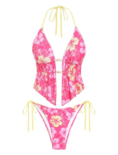 Image of ZAFUL Halter Swimsuits for Women Textured Backless 2 Piece Bathing Suits Cheeky High Cut String Tie Side Bikini Sets