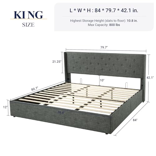 image for Allewie King Size Lift Up Storage Bed, Button Tufted Wingback Headboar