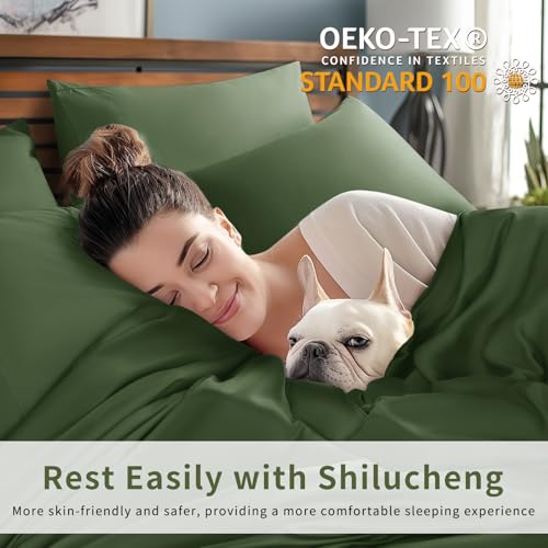 Image of Shilucheng 6 Piece Queen Sheet Sets, Cooling Sheets, Blend Rayon Derived from Bamboo, Deep Pocket Up to 16 inch, Breathable & Soft Bed Sheets, Hotel Silky Bedding Set, Olive Green