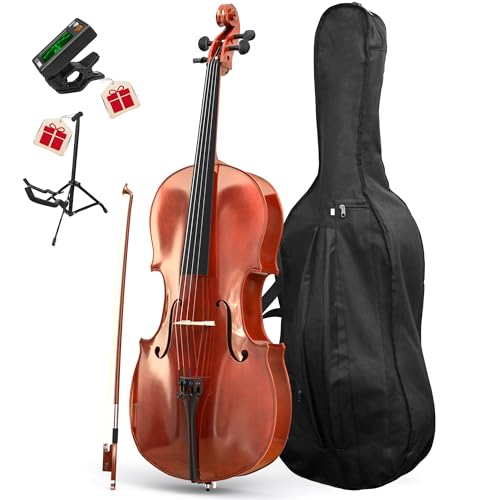 PYY Cello 4/4 Full Size - Solid Wood Acoustic Cello Package with Stand, Case, Bow, Rosin, Tuner & Extra Strings, Ideal for Student & Adult Beginners