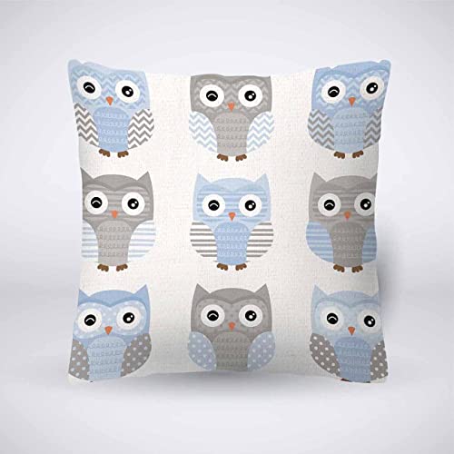 Pehede Throw Pillow Cover Cute Blue And Grey Owl Cartoon Cotton Linen Pillow Case Decorative For Sofa Couch Chair Bedroom 18X18 Inch #TOP12