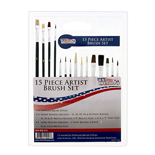 U.s. Art Supply 15 Piece Multi-Purpose Artist Paint Brush Set - Pony Round And Flat Bristles For Painting Portraits, Canvas, Paper, Wood - Watercolor, Acrylic, Oil - Kids, Adults, Students, Beginners #TOP1