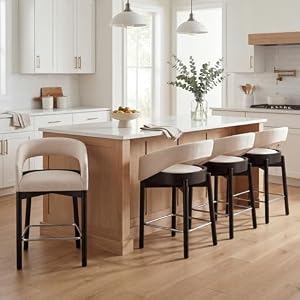 HNY Mid Century Modern Bar Stools Set of 2, Linen Upholstered 26" Counter Height Bar Stool with Backrest and Arms, Round Wood Counter Stools with Footrest for Kitchen Island, Grey