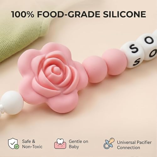Image of Personalized Pacifier Clip with Name,Silicone Pacifier Clip with Flower Bow for Baby Handmade Pacifier Holder Fits All Pacifiers