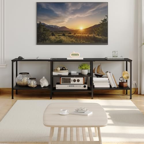 Image of HOOBRO TV Stand with Power Outlets to 75 Inches, TV Console Table with Open Storage Shelves Cabinet, Industrial Media Entertainment Center for Living Room Bedroom, Black BB60DS01