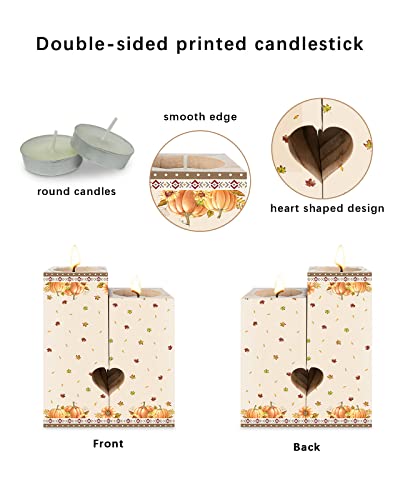 Thanksgiving Candle Holder With Tea Light,Vintage Wood Tealight Candle Stick Holder Pillar Centerpiece,Heart-Shaped Tall Wooden Light Candle Holders Decor Set Southwestern Fall Autumn Pumpkins Leaves #TOP1