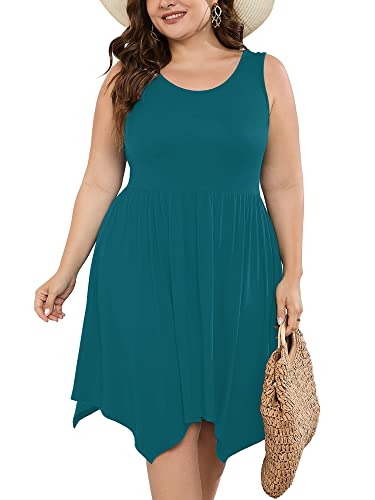 Image of AusLook Plus Size Summer Tank Dress for Women Casual Sleeveless Crewneck Pleated Babydoll Swing Sundresses with Pockets 1X-5X