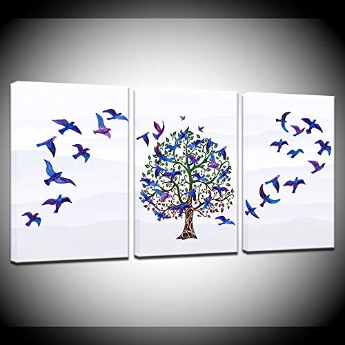 Peinture oiseaux bleu abstrait 3 pièces pour habiller un grand mur vide