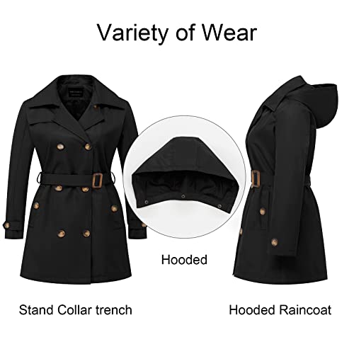 CREATMO US Women's Plus Size Trench Coat Double-Breasted Classic Lapel Overcoat Belted Outerwear Coat with Detachable Hood3