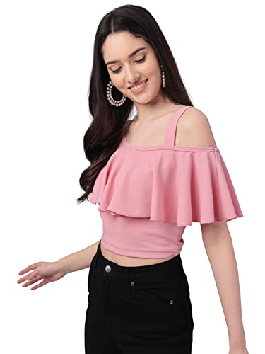 Image of Mehrang Women's Casual Solid Flared Crop Top Round Neck Stretchable Blend for Women /Top for Girls