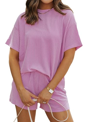 SHEWIN Short Sets for Women Casual Crewneck Ribbed Short Set Womens Fashion Matching Sets 2 Piece Sets for Women Summer Outfits Purple X-Large