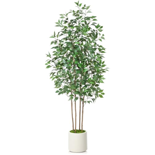 SOGUYI Ficus Artificial Tree 7ft Fake Silk Plant for Home Decor Indoor, Faux Tree in White Imitation...