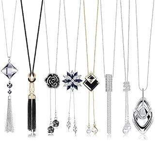 Finrezio 8Pcs Long Pendant Necklace for Women Long Sweater Necklace Y Necklace Gold Bar Feather Tassel Leaf Triangle Leopard Circle Rhinestone Necklace Sweater Necklace Jewelry Set