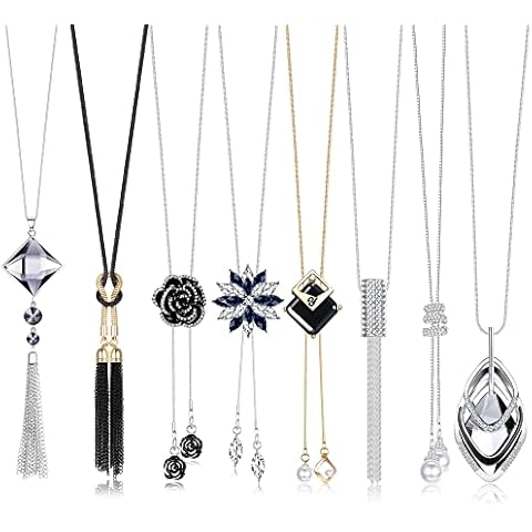 Finrezio 8Pcs Long Pendant Necklace for Women Long Sweater Necklace Y Necklace Gold Bar Feather Tassel Leaf Triangle Leopard Circle Rhinestone Necklace Sweater Necklace Jewelry Set Cover