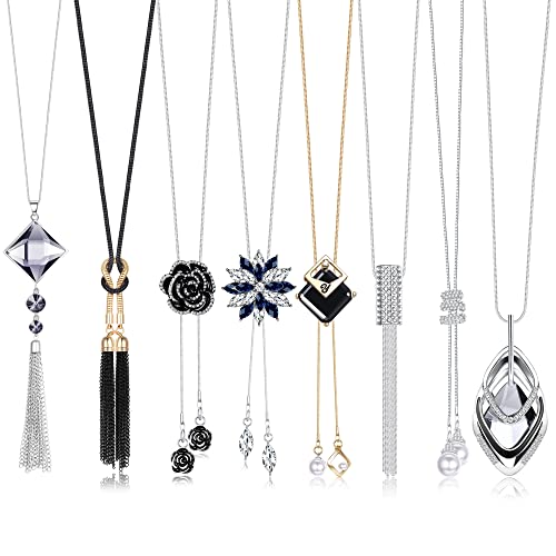 Finrezio 8 Pcs Long Pendentif Collier pour Femme Long Chandail Collier y Collier Or Barre Plume Gland Feuille Triangle Léopard Cercle Strass Collier Chandail Collier Ensemble de Bijoux