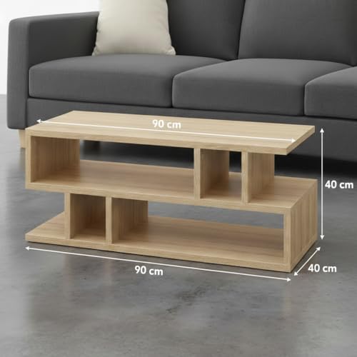 Image of FURLAY Zentro Classic Oak Coffee Table for Living Room, Modern Engineered Wood Center Table with Multi-Level Open Storage Shelves, 90 x 40 x 40 cm (FWCT2-Classic Oak)