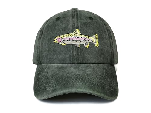 Shenbors Rainbow Trout Hat, Fly Fishing Gifts for Men Women, Embroidered Fish Baseball Cap, Army Green Adjustable Distressed Dad Hat