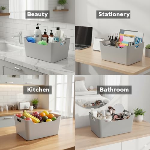 Image of KOLORR Jolly Plastic XL Baskets with Handle for Storage Box| Multipurpose Light Weight Plastic Baskets organiser for Clothes Toys Stationary Cosmetics Livingroom Bathroom | Pack of 3 - Grey