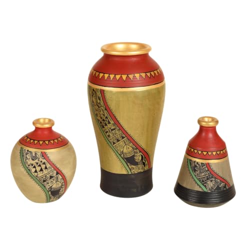 Image of Aakriti Art Creations Mud Red Earthen Miniature Vases with Madhubani Art Set of 3 | Hand-Painted Terracotta Flower Vases | Matte Finish Decorative Vases for Living Room, Table Decor & Gifting