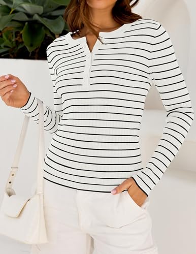 ZESICA Womens Long Sleeve Striped Shirts V Neck Button Up Sweater Casual Loose Basic Tops Trendy Spring Clothes3