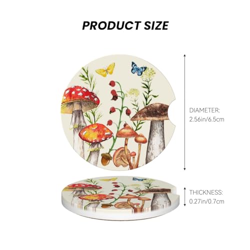 Image of Mushroom Butterfly Car Coasters for Cup Holder Absorbent Ceramic Cup Coaster 2 Pack Anti Slip Car Interior Accessories with Finger Notch Cork Base for Women Men 2.56 inch