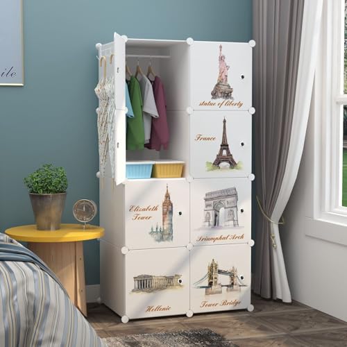 Image of CoolLeaf Soft Plastic Wardrobe for Clothes, Kids Almirah, 8 Doors Collapsible Wardrobe for Toys /Books, Baby Cupboard for Storage in Bedroom Nursery, White Tower (CW-WT8)