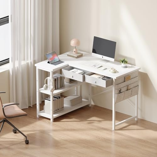 39" Corner Desk with Drawers, White Storage Computer Desk for Small Space Home Office