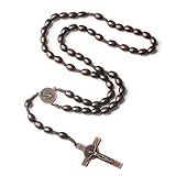 KASLCWA Collar de Rosario con Cruz Católica, Collar Rosario de Madera Natural, Rosarios Religiosos de Madera con Cruz para Cristianos Católicos, Comunión, Bautismo, Misa, Biblia