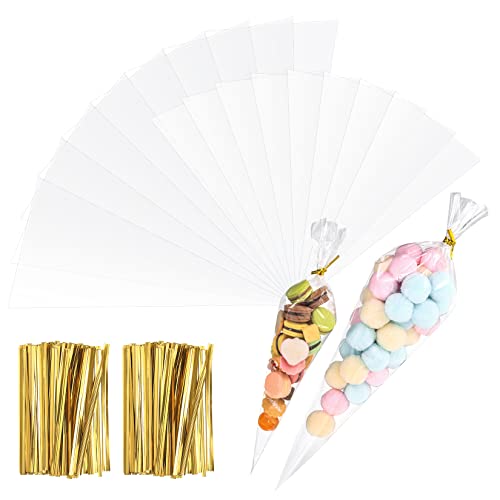 200 Stk Candy Bar Tüten, Cone Tüten Transparente, Süßigkeiten Tüten, Kegeltüten Durchsichtige, Plastiktüten, Geschenktüten für Schokolade Kekse Popcorn Geschenke, mit 200 Stk Kabelbinder