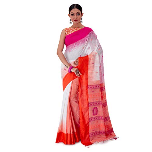 SareesofBengal Women's Bengal Khadi Saree White Khadi Jamdani Handloom Sarees Jamdani Cotton Saree Indian/Bengal Cotton Saree