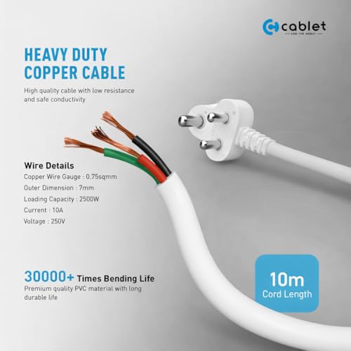 Image of Cablet Extension Board 10 Meter Cable | 2500W 10A | 6 Universal Multi Plug Socket with Individual Switches | 10 Meter Heavy Duty Cord | LED Indicator, Power Strip & Spike Guard for Home & Office Use