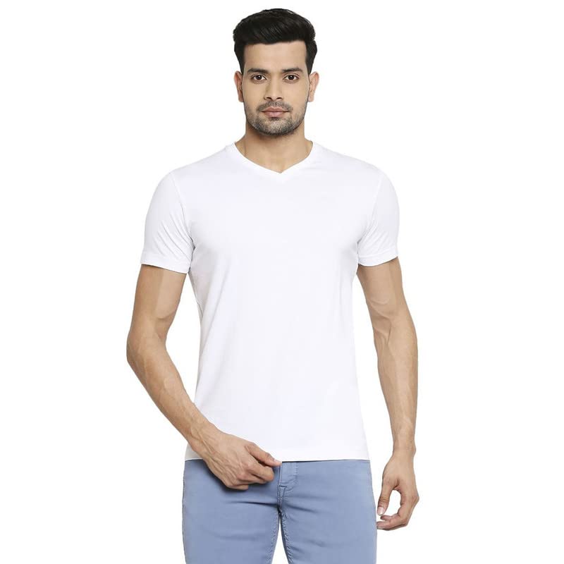 Swag SwamiMen's Regular Fit Half Sleeve V Neck White Colour Plain Solid Cotton T-Shirt