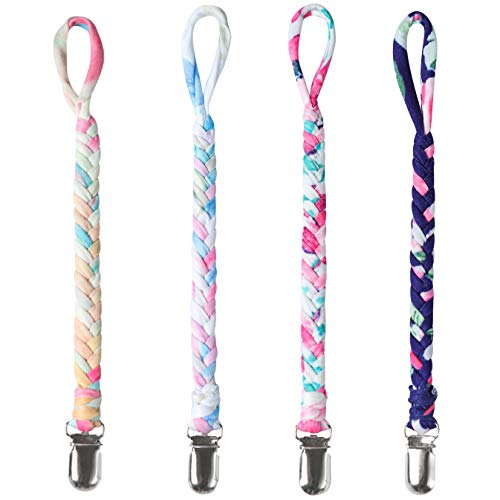 Image of Onwon 4 Pieces Pacifier Clips for Infant Boys and Girls Universal Pacifier Holder Hand-Made Braided Soothie Leash for All Pacifiers Teething Drool Bibs (Gray, Yellow, White, Blue)