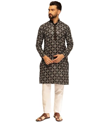 Image of SOJANYA (Since 1958 Men's Cotton Silk Gold Sequins Thread Embroidered Kurta With White Pyjama