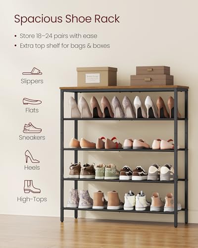 Image of VASAGLE 5-Tier Shoe Rack, Large Shoe Storage Organizer for Closet, Entryway, 18-24 Pairs, with 4 Metal Mesh Shelves, 10.8 x 29.5 x 36.6 Inches, Rustic Brown and Black ULBS115KD01