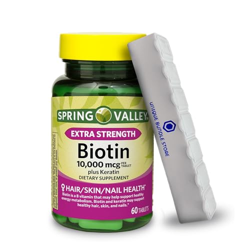 Spring Valley Biotin 10000mcg Plus Keratin, 60 Count Tablets Extra Strength, Biotin 10000mcg, Dietary Supplement + 7 Day Pill Oganizer Included (Pack of 1)