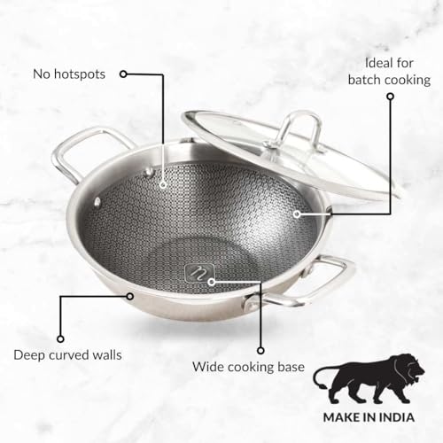 Image of Nestasia Triply Stainless Steel Honeycomb Kadai with Glass Lid 24 cm (3L) - Non Stick Kadhai with Air Vent Lid for Healthy Cooking | Induction & Gas Stove Friendly, Even Heating, Less Oil Use
